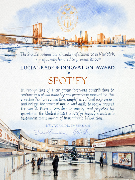 Diploma painted by Elisabeth Biström, for the Swedish-American Chamber of Commerce in New York, awarded to Spotify 2025.