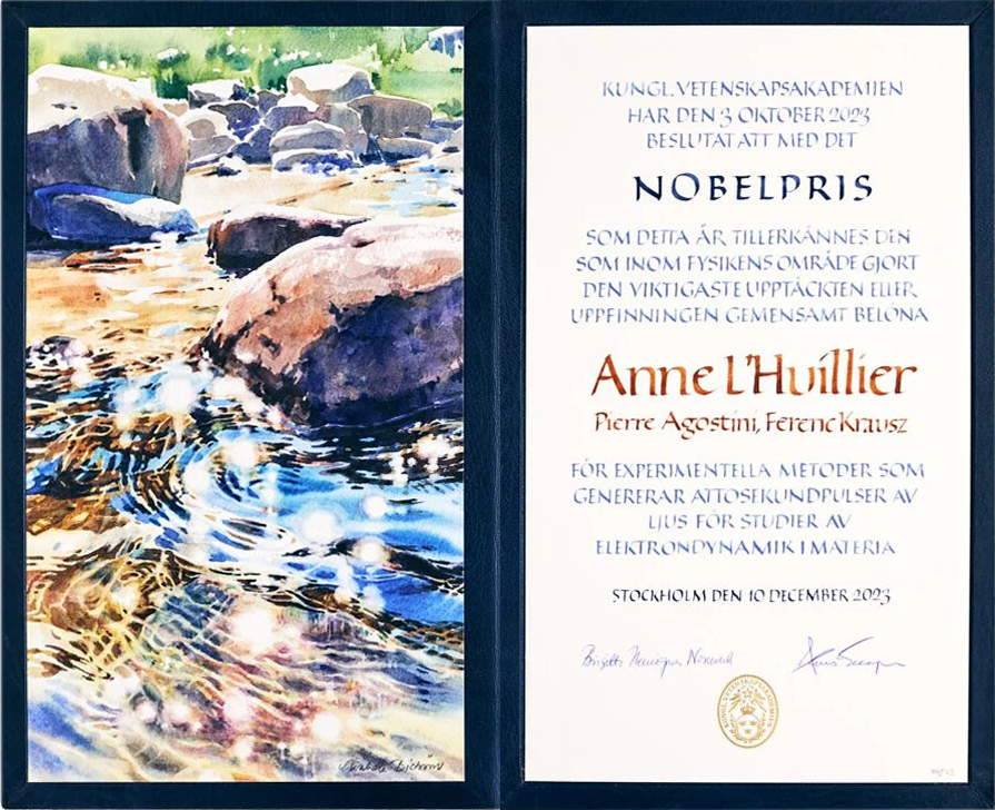 Nobel Prize diploma in Physics to Anne L'huillier by artist Elisabeth Biström