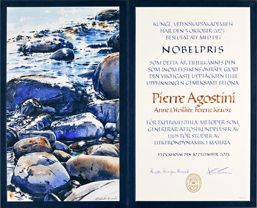 Nobel Prize diploma in Physics 2023 by artist Elisabeth Biström